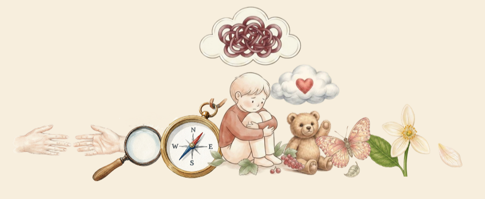 Soft watercolour scene: open hands, a magnifying glass and compass, a child hugging their knees with a teddy bear, a butterfly and a flower