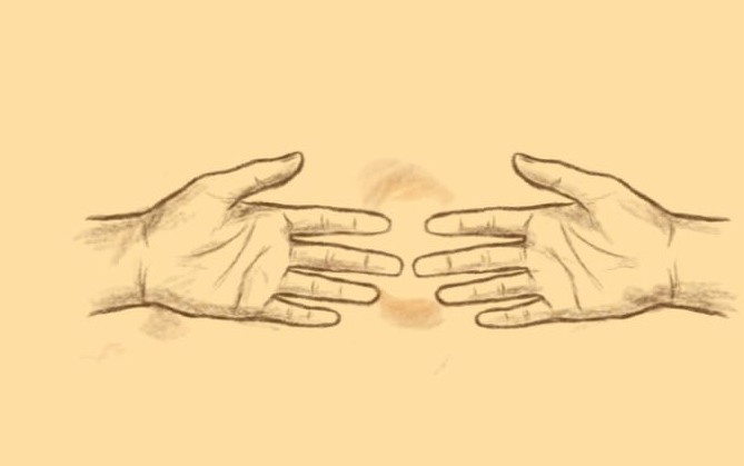 Sketch of two hands reaching toward each other