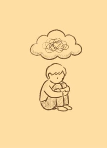 Sketch of a child beneath a cloud of tangled thoughts
